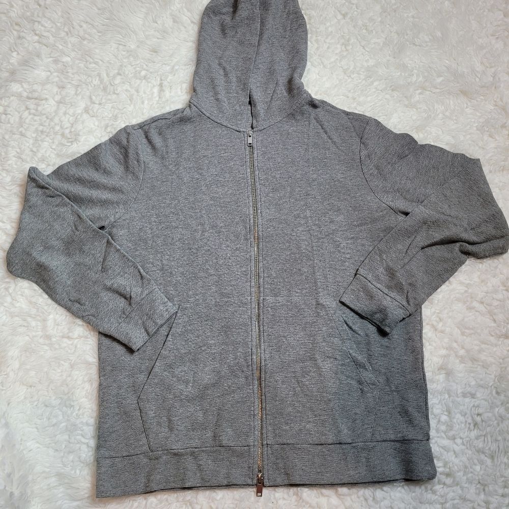 Theory Myhlo Hoodie Mens Size XL  Waffle-Knit Gray Cotton-Blend  2 Way  Zip-Up